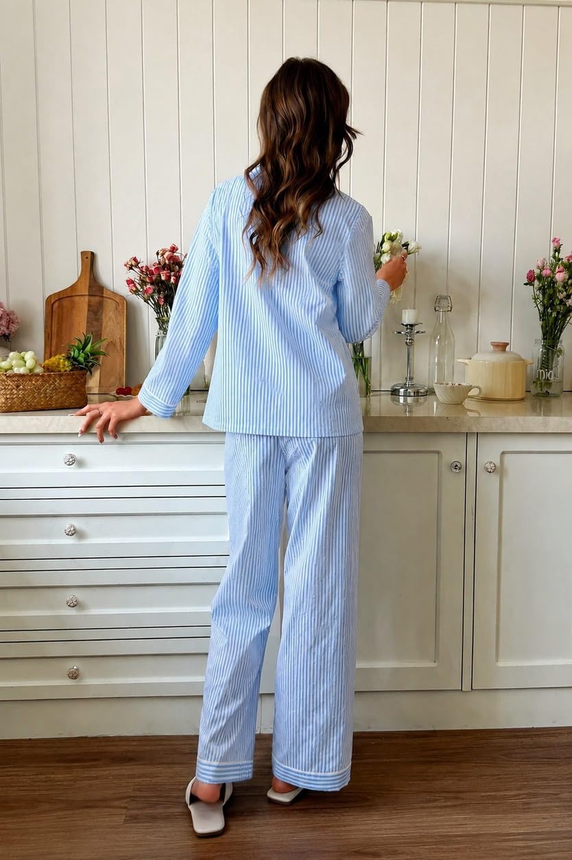 image:imageSWOMOG 100 Cotton Pajama Set for Women 2 PCS Long Sleeve Plaid Pjs Set Button Down Sleepwear with PantsBlue Stripe