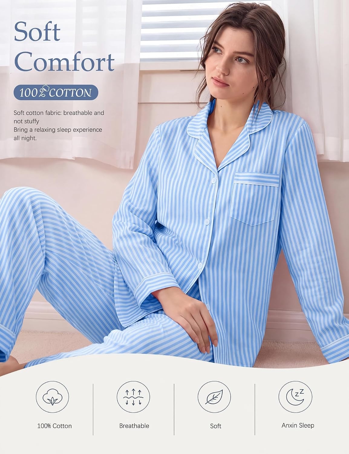 image:imageSWOMOG 100 Cotton Pajama Set for Women 2 PCS Long Sleeve Plaid Pjs Set Button Down Sleepwear with PantsBlue Stripe