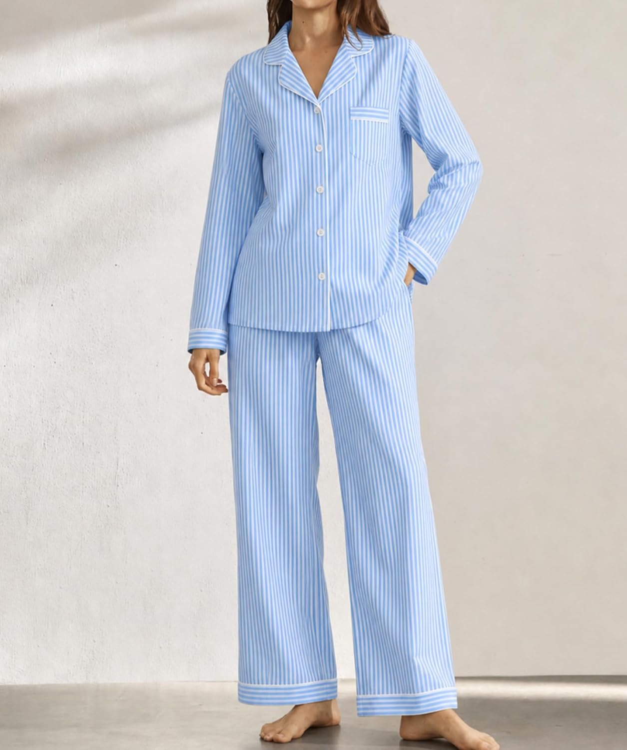image:imageSWOMOG 100 Cotton Pajama Set for Women 2 PCS Long Sleeve Plaid Pjs Set Button Down Sleepwear with PantsBlue Stripe