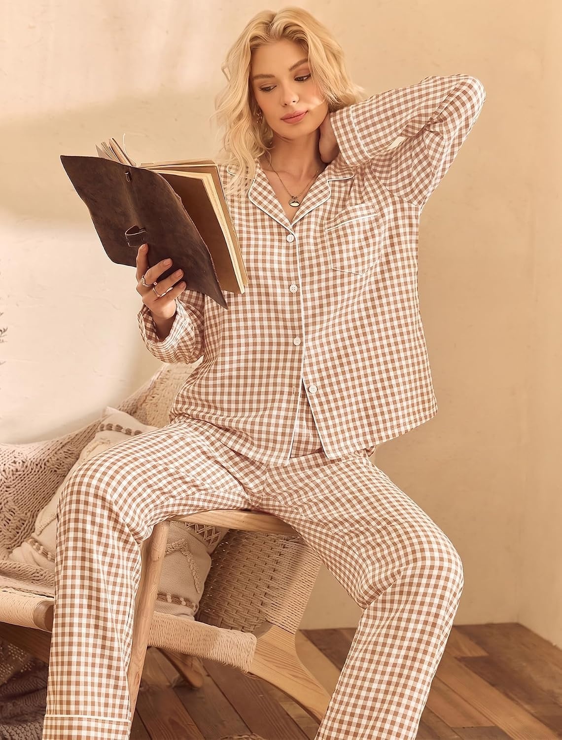 image:imageSWOMOG 100 Cotton Pajama Set for Women 2 PCS Long Sleeve Plaid Pjs Set Button Down Sleepwear with PantsBrown Plaid