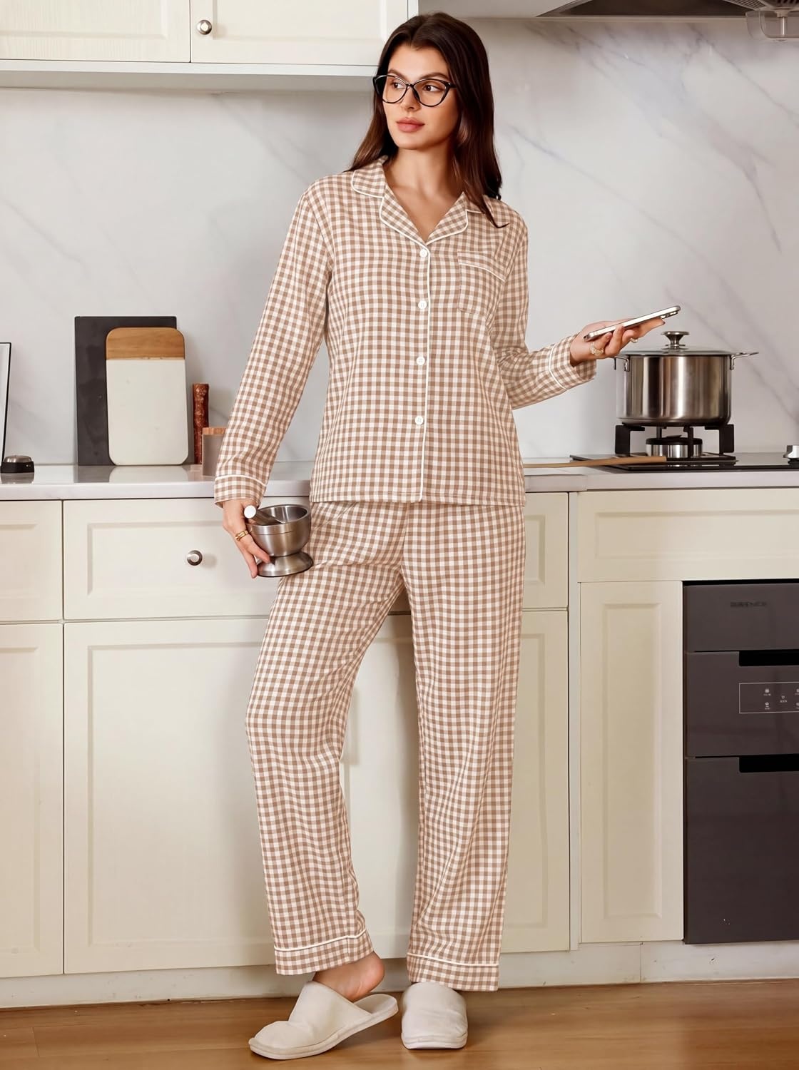 image:imageSWOMOG 100 Cotton Pajama Set for Women 2 PCS Long Sleeve Plaid Pjs Set Button Down Sleepwear with PantsBrown Plaid