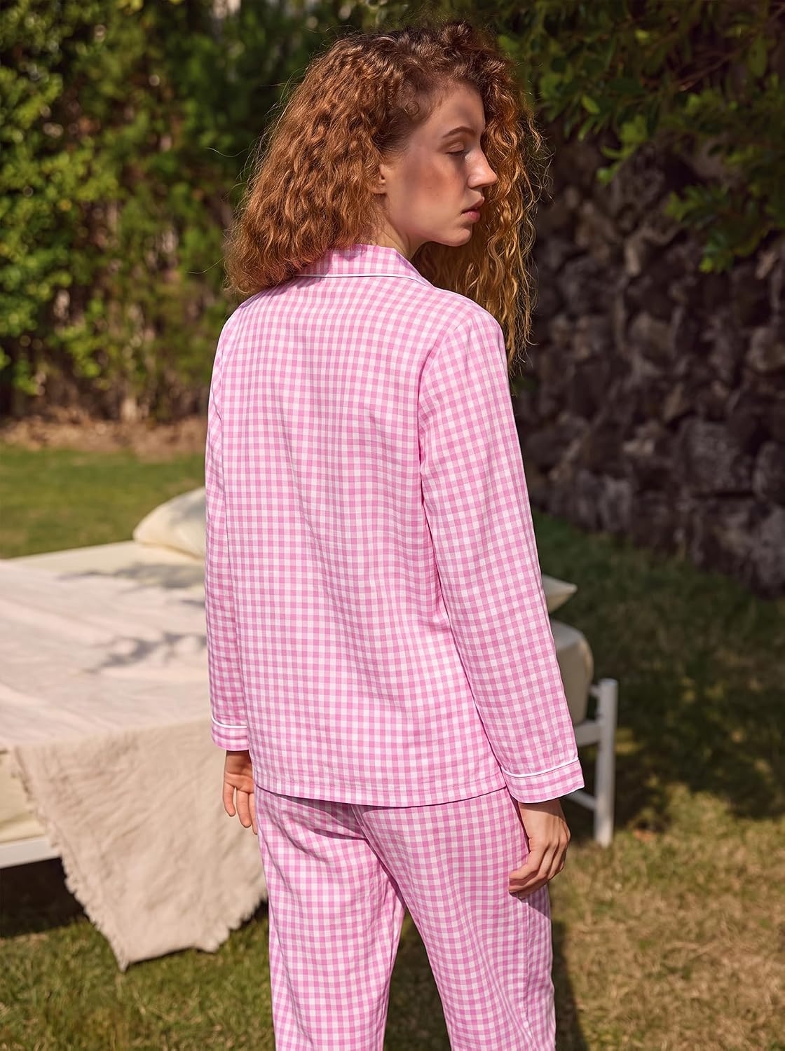 image:imageSWOMOG 100 Cotton Pajama Set for Women 2 PCS Long Sleeve Plaid Pjs Set Button Down Sleepwear with PantsPink Plaid