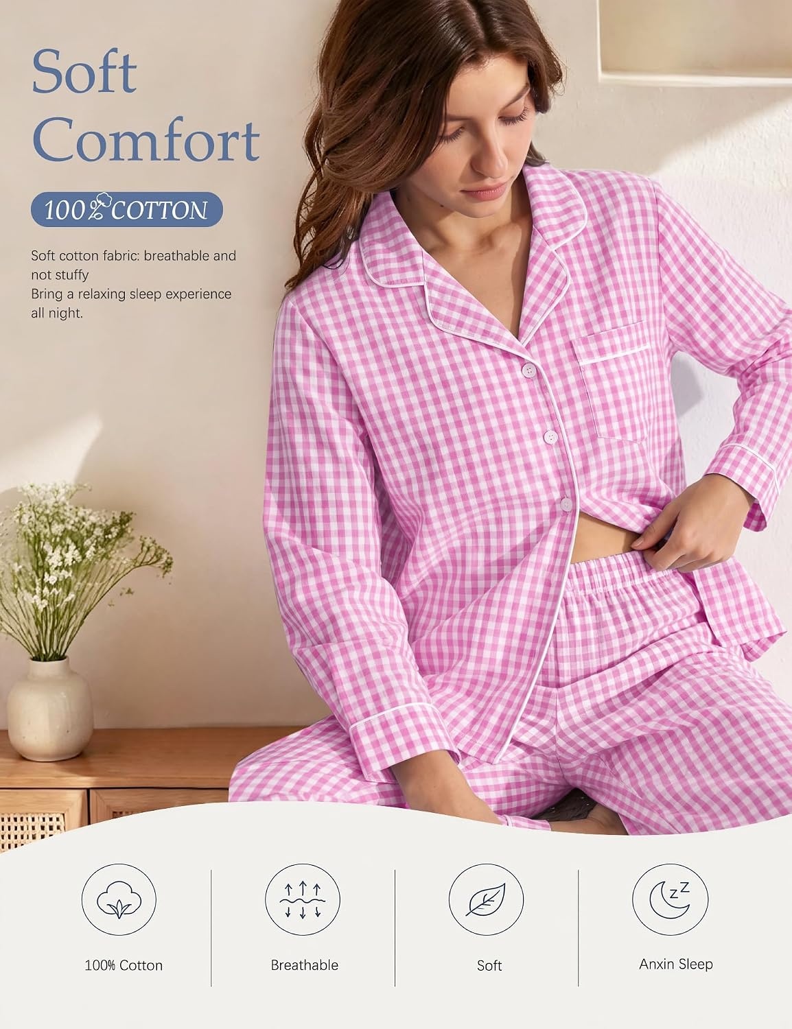 image:imageSWOMOG 100 Cotton Pajama Set for Women 2 PCS Long Sleeve Plaid Pjs Set Button Down Sleepwear with PantsPink Plaid