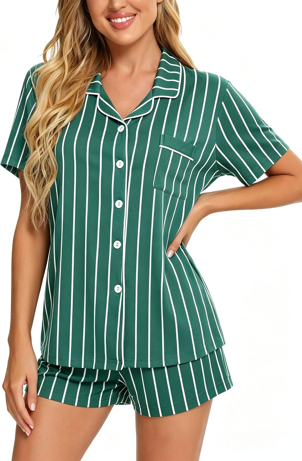 image:imageSWOMOG Womens Button Down Pajamas Set Short Sleeve Sleepwear Bride Soft Pj Lounge Sets XS3XLGreen Feature Stripe