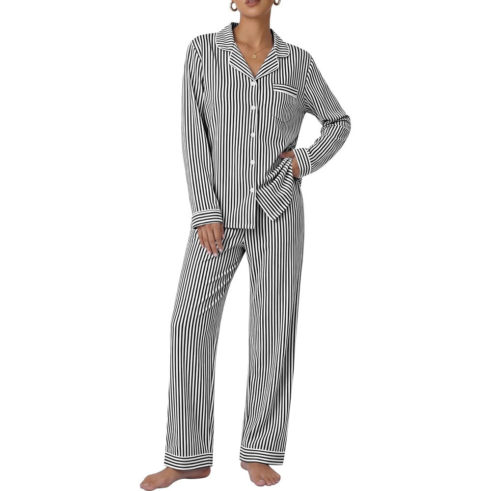image:imageSWOMOG 100 Cotton Pajama Set for Women 2 PCS Long Sleeve Plaid Pjs Set Button Down Sleepwear with PantsBlack Stripe