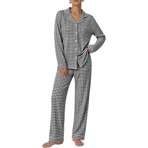 SWOMOG 100% Cotton Pajama Set for Women 2 PCS Long Sleeve Plaid Pjs Set Button Down Sleepwear with Pants(Black Plaid)