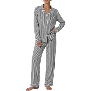 SWOMOG 100% Cotton Pajama Set for Women 2 PCS Long Sleeve Plaid Pjs Set Button Down Sleepwear with Pants(Black Stripe)