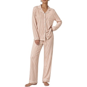 SWOMOG 100% Cotton Pajama Set for Women 2 PCS Long Sleeve Plaid Pjs Set Button Down Sleepwear with Pants(Brown Plaid)