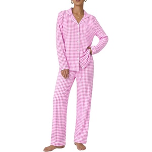 SWOMOG 100% Cotton Pajama Set for Women 2 PCS Long Sleeve Plaid Pjs Set Button Down Sleepwear with Pants(Pink Plaid)