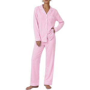 SWOMOG 100% Cotton Pajama Set for Women 2 PCS Long Sleeve Plaid Pjs Set Button Down Sleepwear with Pants(Pink Stripe)