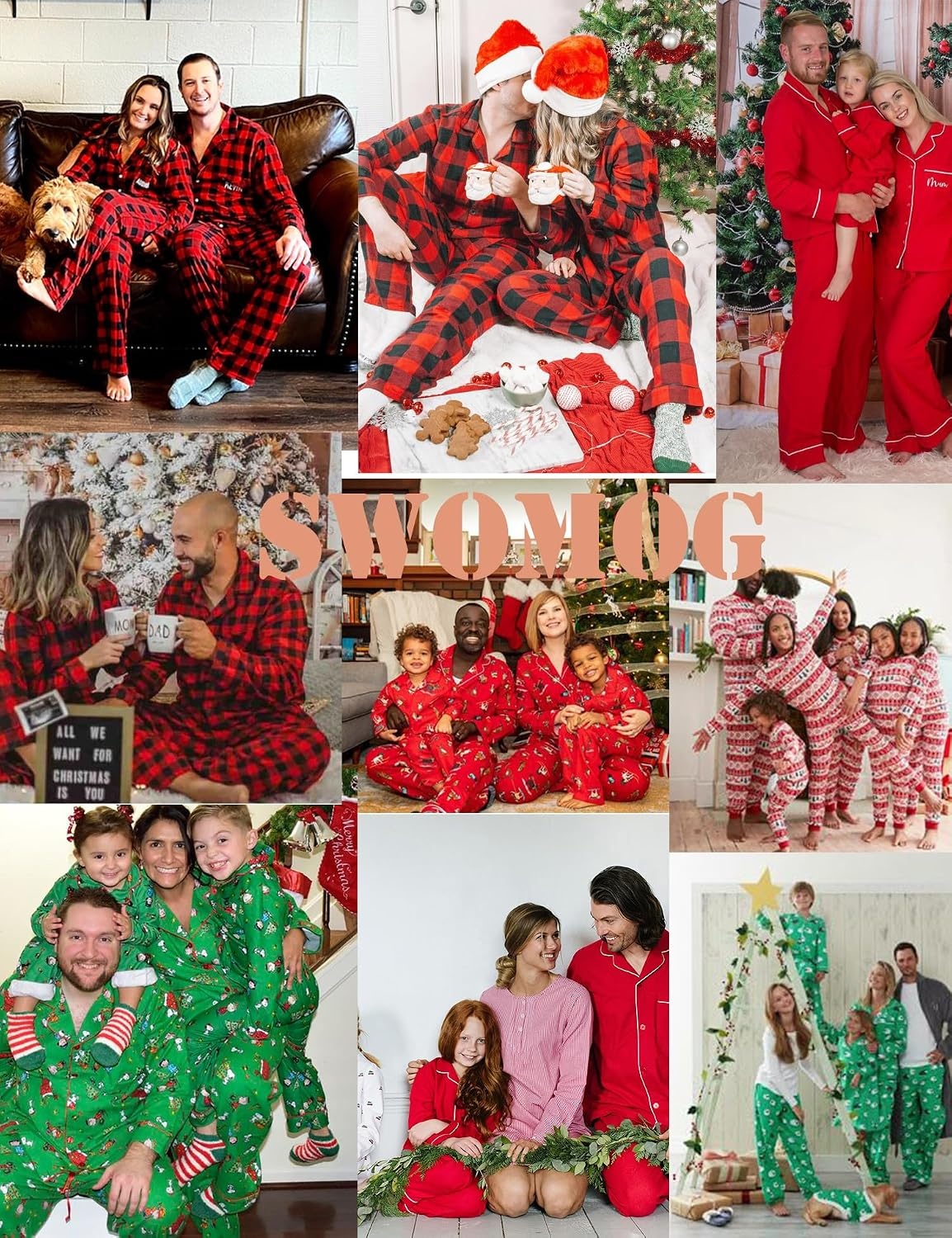 image:imageSWOMOG Family Christmas Pajamas Set Long Sleeve Sleepwear Sets Button Down Loungewear Set Party Holiday Pjs SetsBig Green With Black Grid