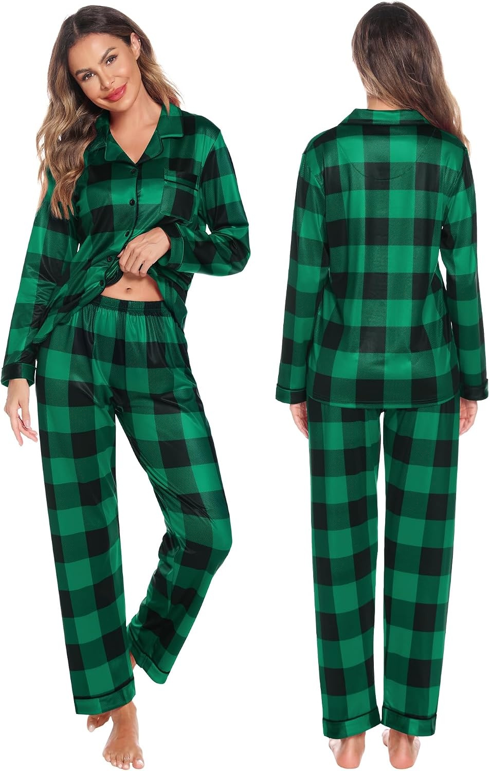 image:imageSWOMOG Family Christmas Pajamas Set Long Sleeve Sleepwear Sets Button Down Loungewear Set Party Holiday Pjs SetsBig Green With Black Grid