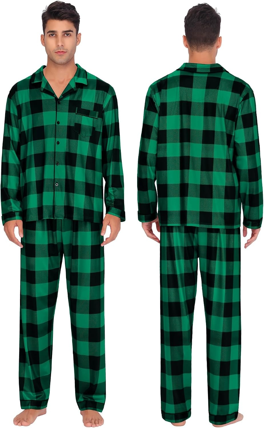 image:imageSWOMOG Family Christmas Pajamas Set Long Sleeve Sleepwear Sets Button Down Loungewear Set Party Holiday Pjs SetsBig Green With Black Grid
