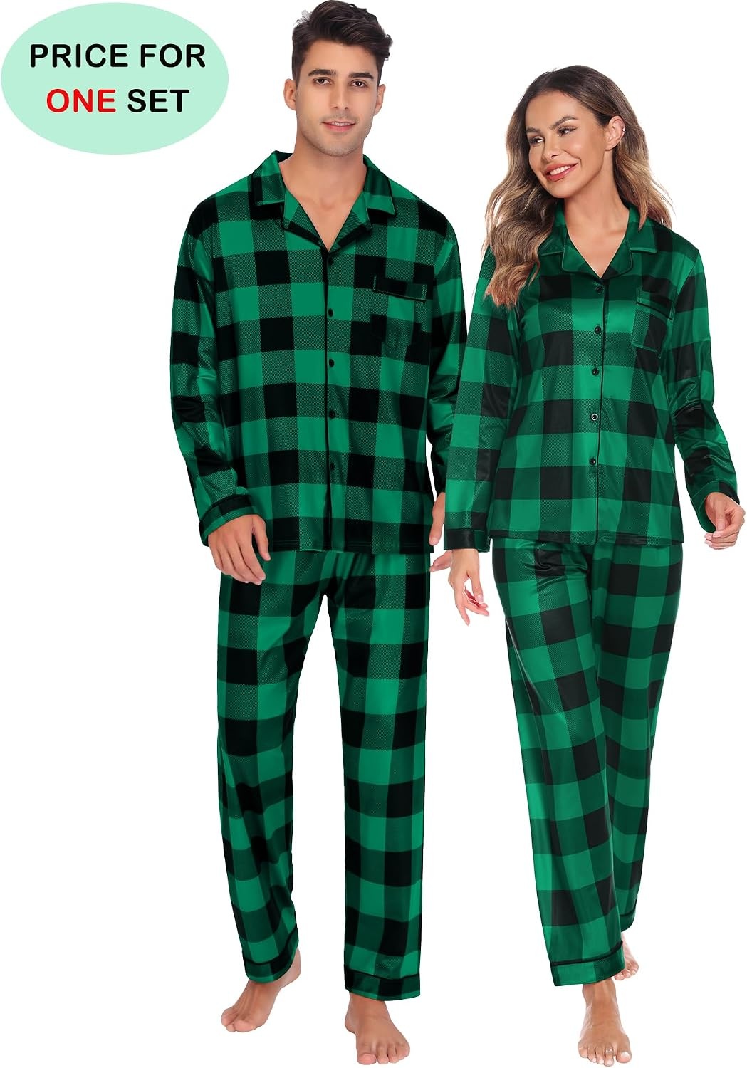 image:imageSWOMOG Family Christmas Pajamas Set Long Sleeve Sleepwear Sets Button Down Loungewear Set Party Holiday Pjs SetsBig Green With Black Grid