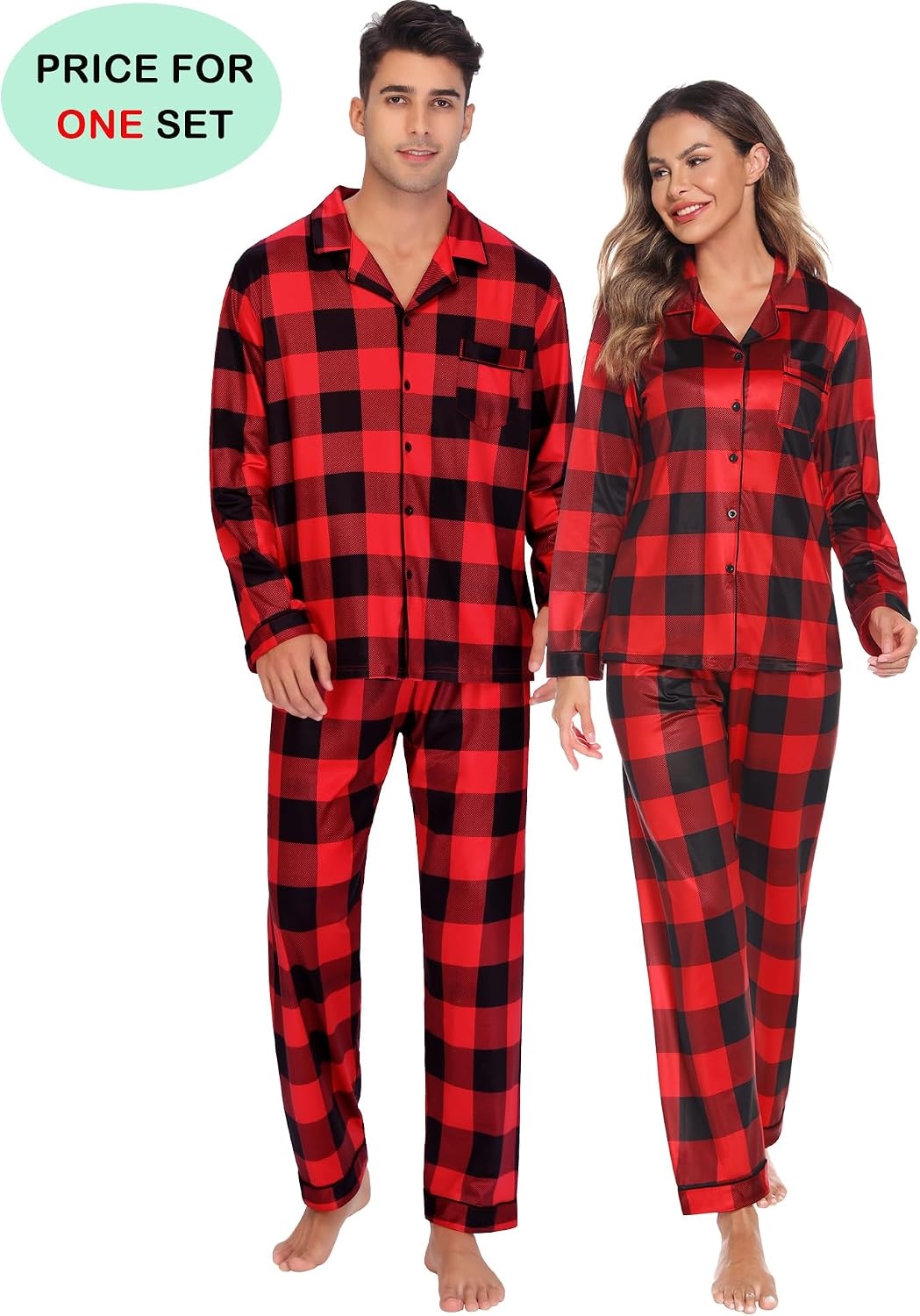 image:imageSWOMOG Family Christmas Pajamas Set Long Sleeve Sleepwear Sets Button Down Loungewear Set Party Holiday Pjs SetsBig Red With Black Grid