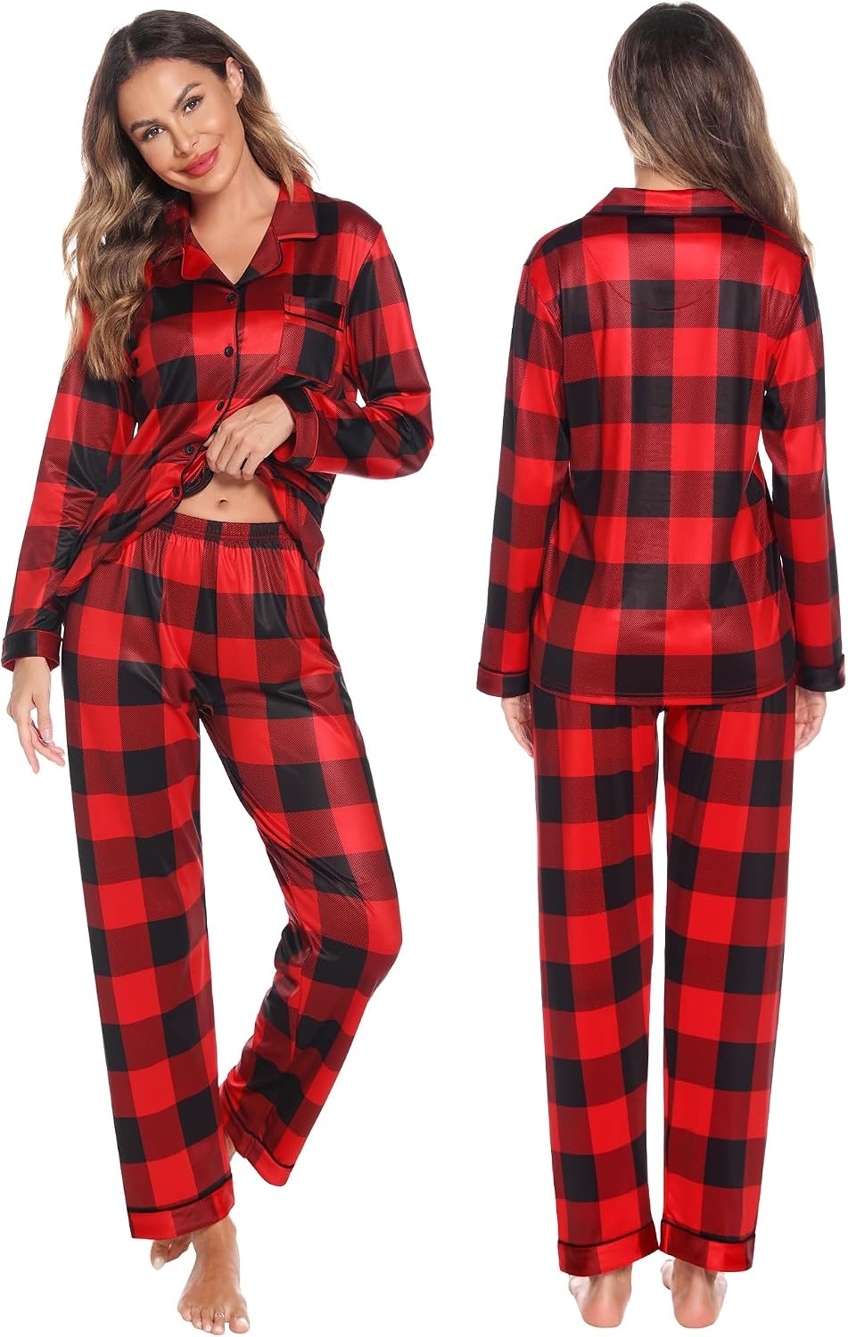 image:imageSWOMOG Family Christmas Pajamas Set Long Sleeve Sleepwear Sets Button Down Loungewear Set Party Holiday Pjs SetsBig Red With Black Grid