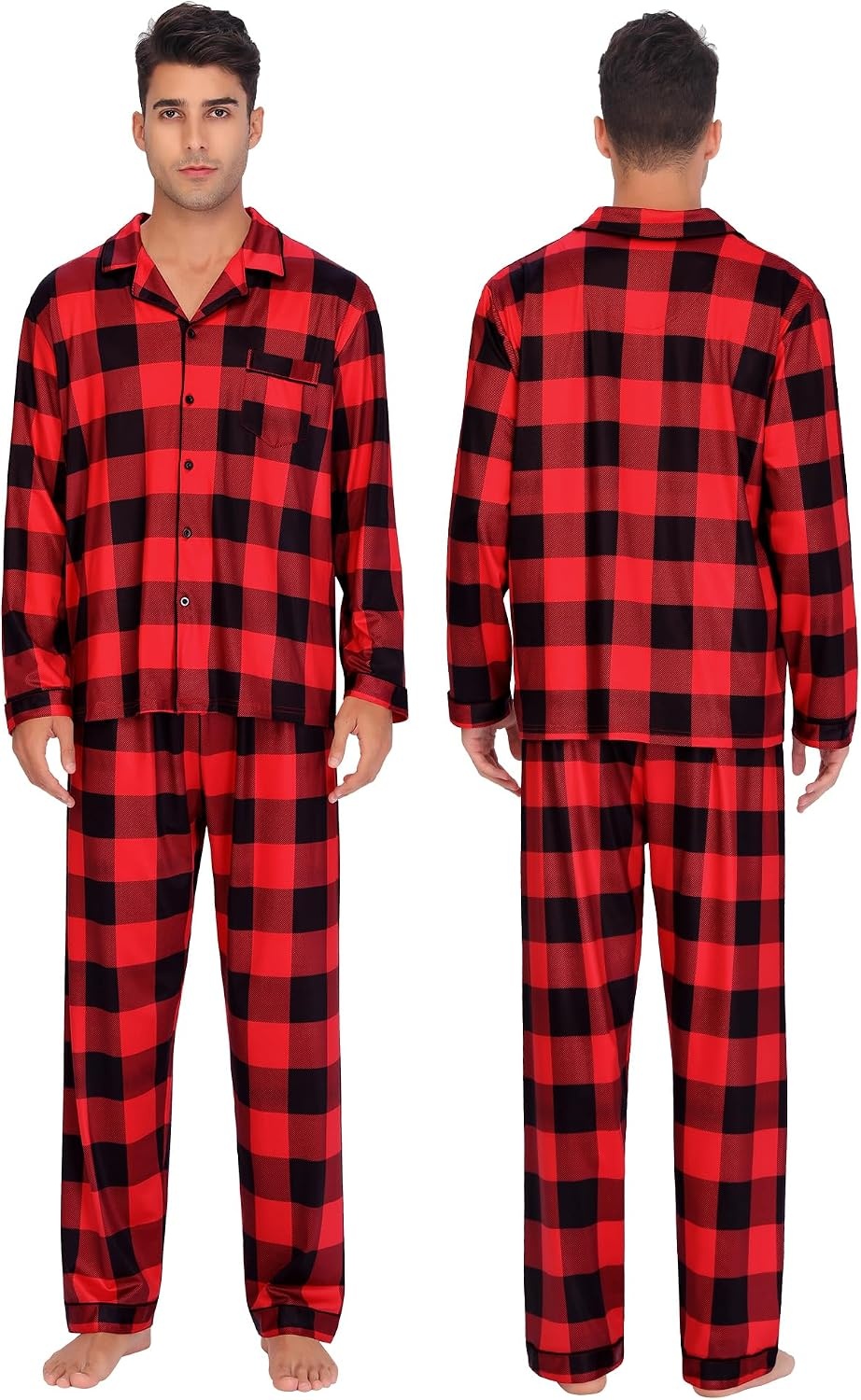 image:imageSWOMOG Family Christmas Pajamas Set Long Sleeve Sleepwear Sets Button Down Loungewear Set Party Holiday Pjs SetsBig Red With Black Grid