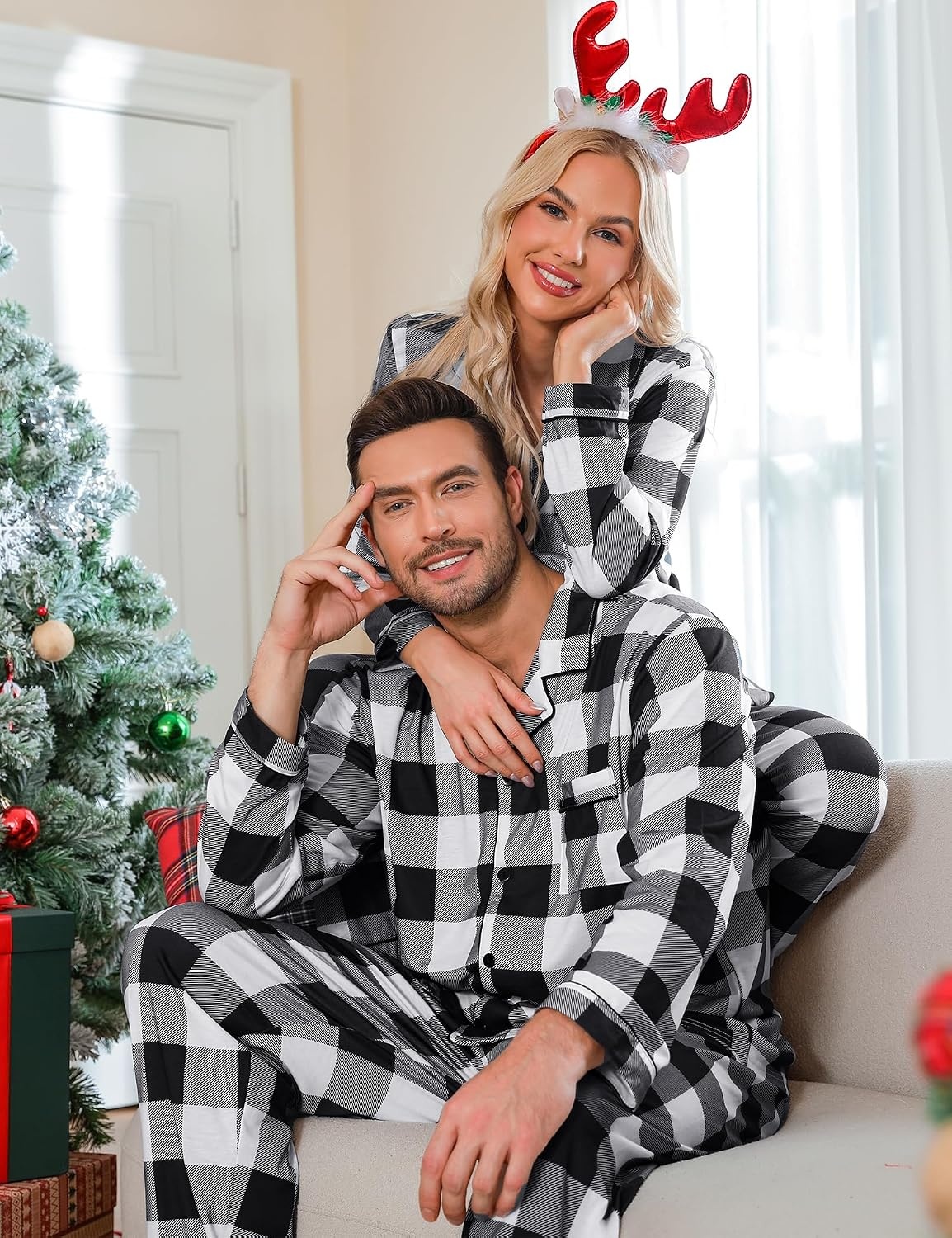 image:imageSWOMOG Family Christmas Pajamas Set Long Sleeve Sleepwear Sets Button Down Loungewear Set Party Holiday Pjs SetsBlack White Grid