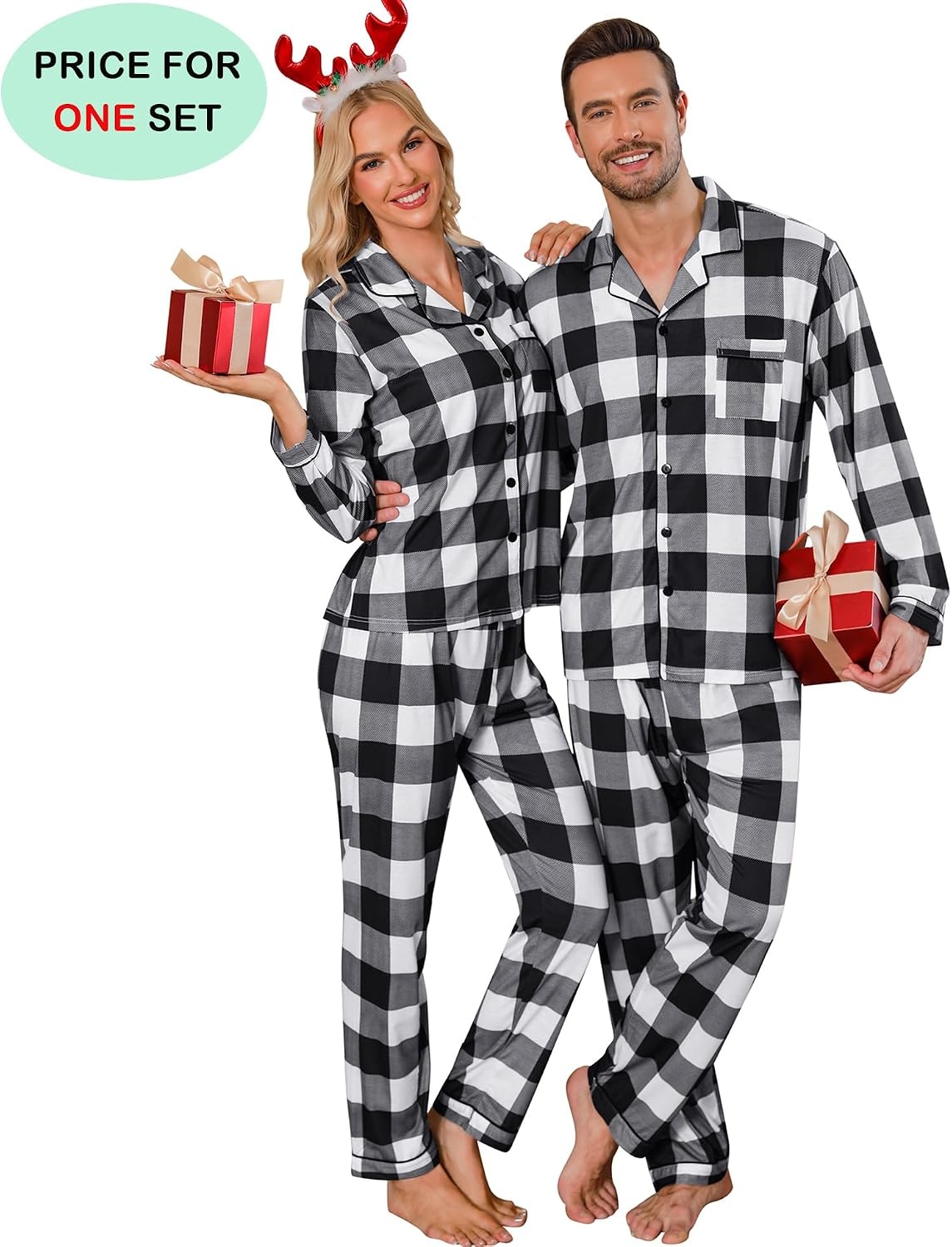 image:imageSWOMOG Family Christmas Pajamas Set Long Sleeve Sleepwear Sets Button Down Loungewear Set Party Holiday Pjs SetsBlack White Grid