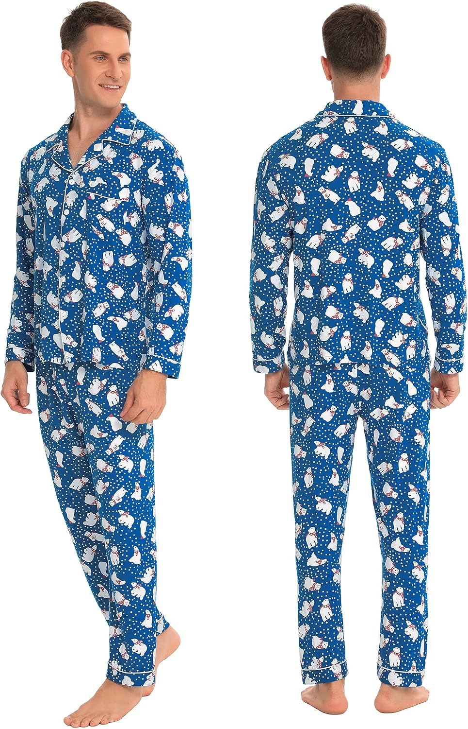 image:imageSWOMOG Family Christmas Pajamas Set Long Sleeve Sleepwear Sets Button Down Loungewear Set Party Holiday Pjs SetsBlue With Polar Bear