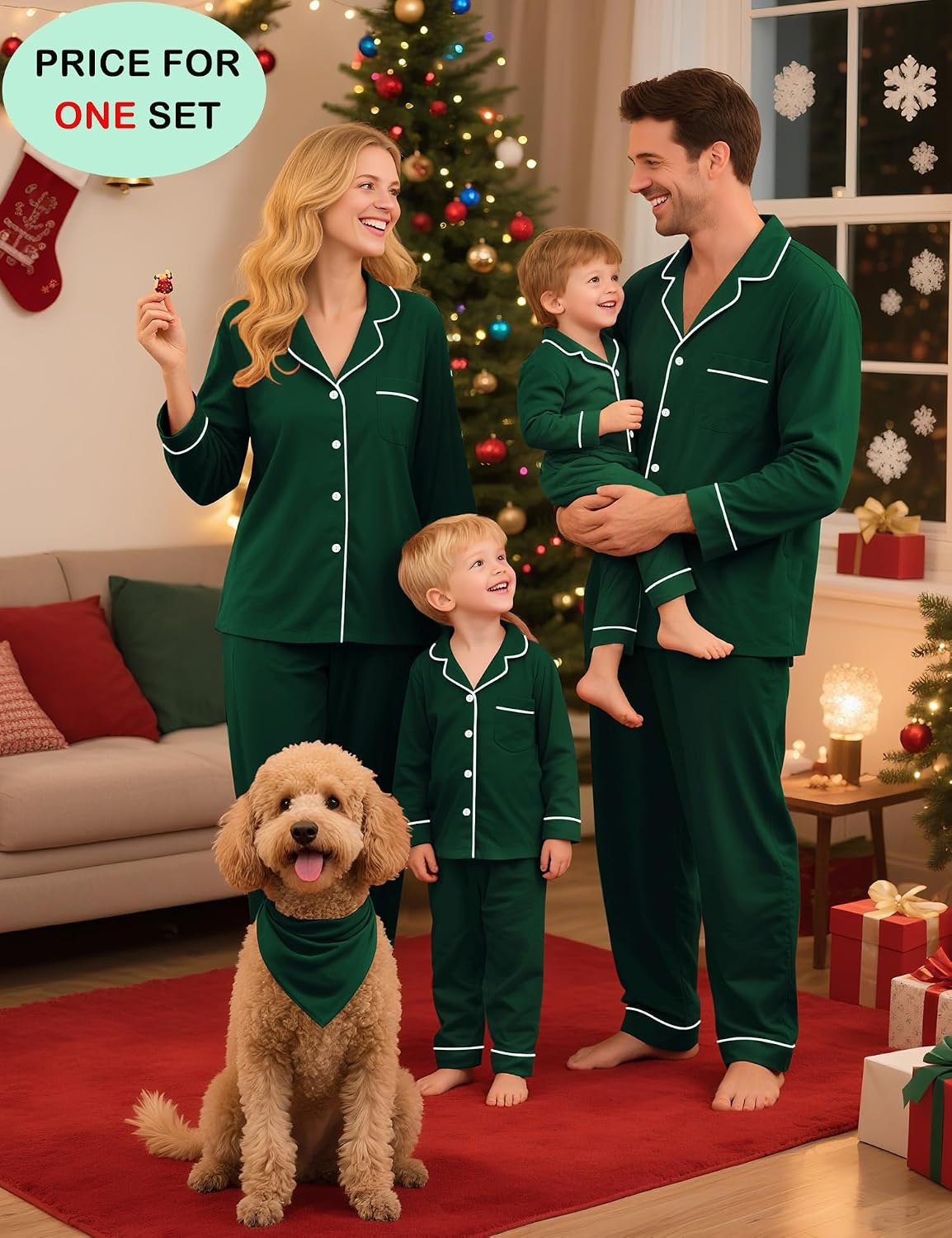image:imageSWOMOG Family Christmas Pajamas Set Long Sleeve Sleepwear Sets Button Down Loungewear Set Party Holiday Pjs SetsGreen