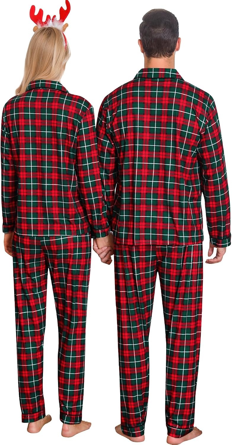 image:imageSWOMOG Family Christmas Pajamas Set Long Sleeve Sleepwear Sets Button Down Loungewear Set Party Holiday Pjs SetsGreen Grid