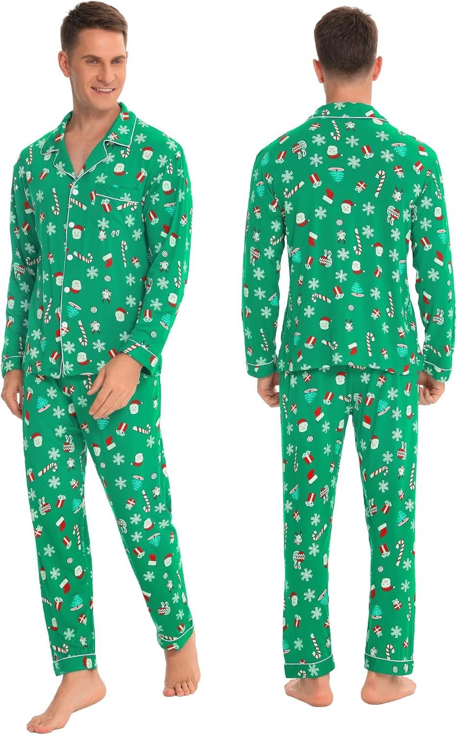 image:imageSWOMOG Family Christmas Pajamas Set Long Sleeve Sleepwear Sets Button Down Loungewear Set Party Holiday Pjs SetsGreen With Santa Claus