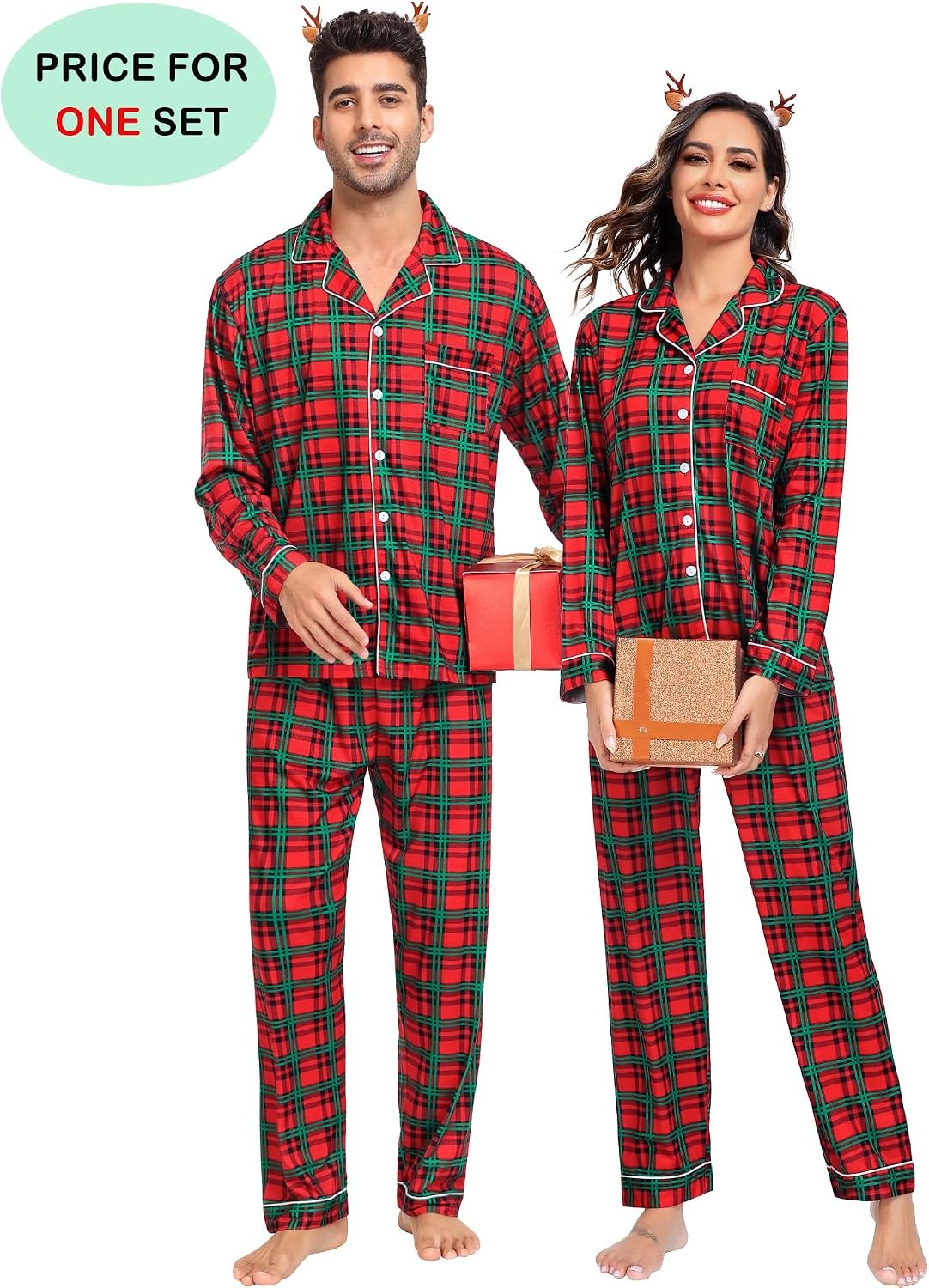 image:imageSWOMOG Family Christmas Pajamas Set Long Sleeve Sleepwear Sets Button Down Loungewear Set Party Holiday Pjs SetsRed Green Grid