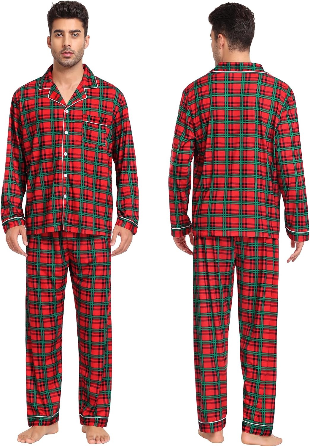 image:imageSWOMOG Family Christmas Pajamas Set Long Sleeve Sleepwear Sets Button Down Loungewear Set Party Holiday Pjs SetsRed Green Grid