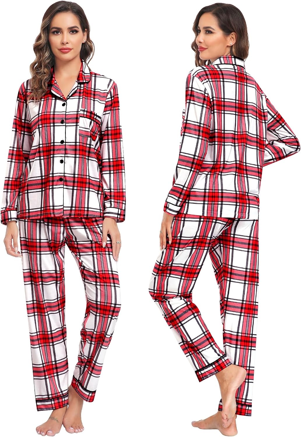 image:imageSWOMOG Family Christmas Pajamas Set Long Sleeve Sleepwear Sets Button Down Loungewear Set Party Holiday Pjs SetsRed White Grid