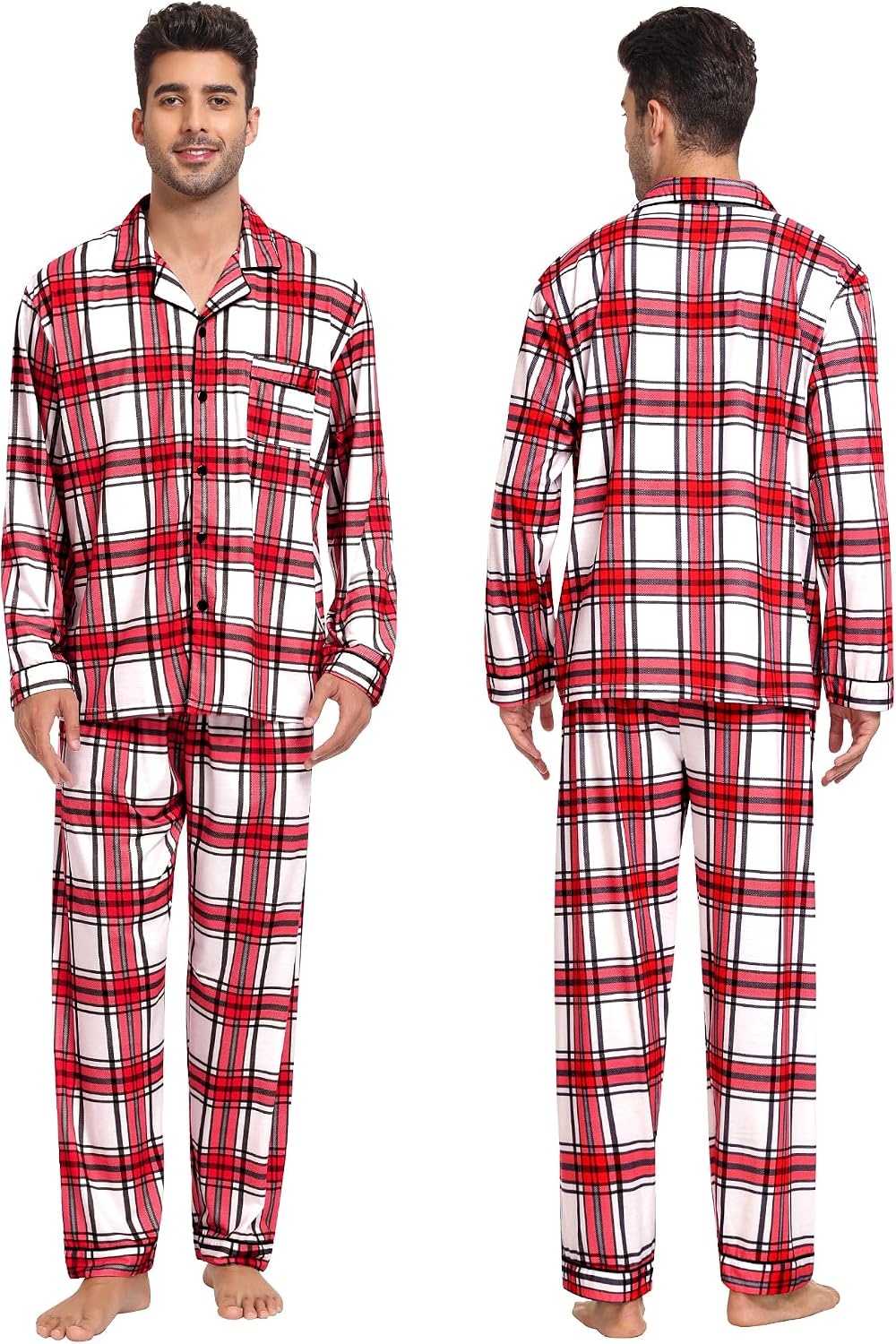 image:imageSWOMOG Family Christmas Pajamas Set Long Sleeve Sleepwear Sets Button Down Loungewear Set Party Holiday Pjs SetsRed White Grid