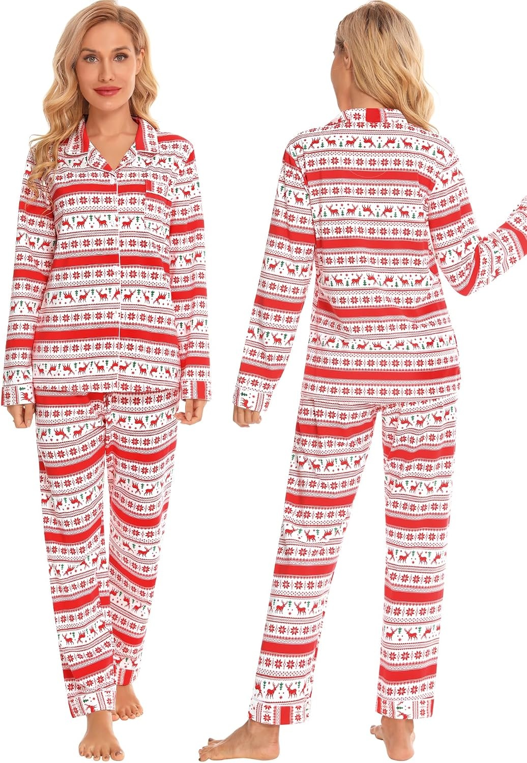 image:imageSWOMOG Family Christmas Pajamas Set Long Sleeve Sleepwear Sets Button Down Loungewear Set Party Holiday Pjs SetsWhite With Flower Deer
