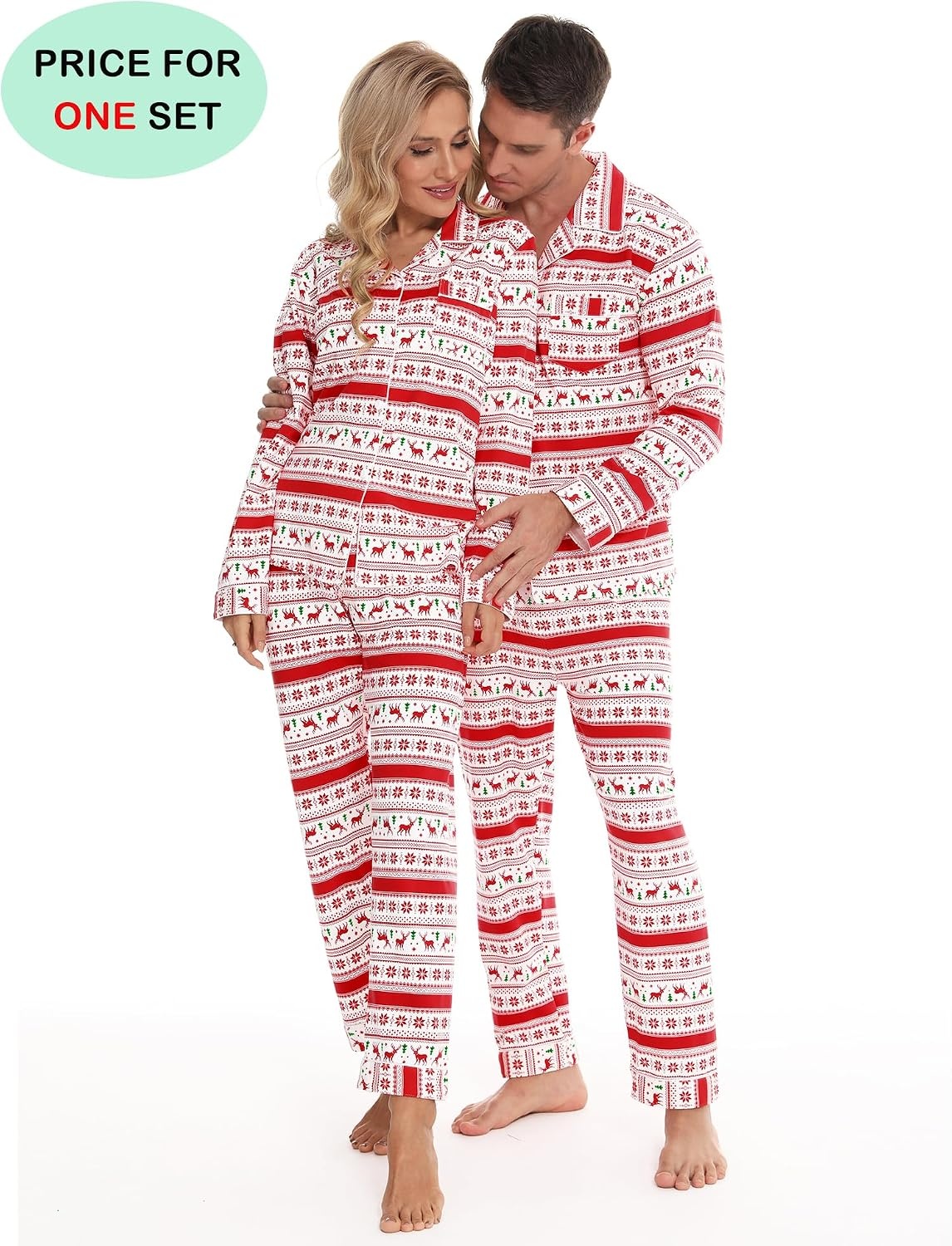 image:imageSWOMOG Family Christmas Pajamas Set Long Sleeve Sleepwear Sets Button Down Loungewear Set Party Holiday Pjs SetsWhite With Flower Deer