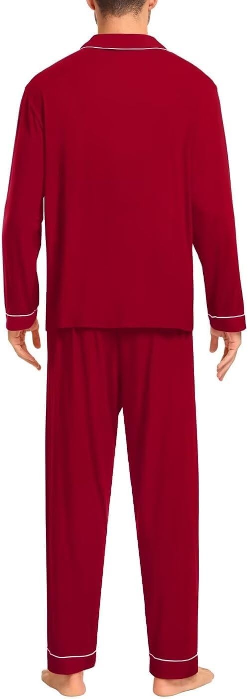 image:imageSWOMOG Men Pajamas Set Comfy Modal Pjs Button Down Sleepwear 2 Piece Long Sleeve Lounge Set Soft Nightwear with PocketsDeep Wine Red