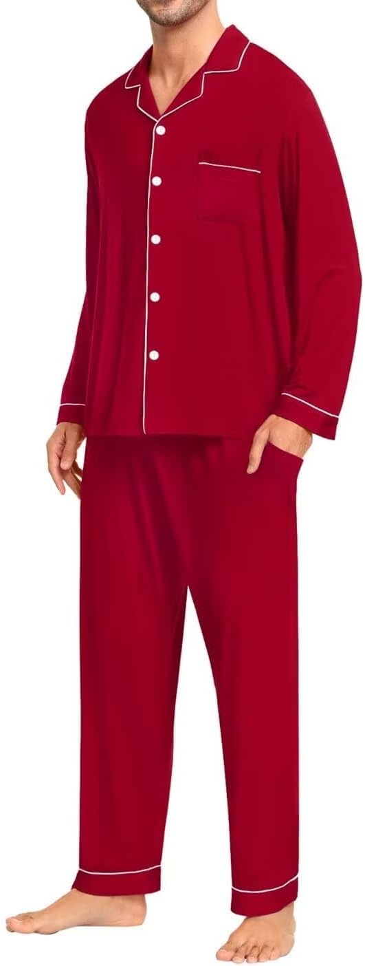 image:imageSWOMOG Men Pajamas Set Comfy Modal Pjs Button Down Sleepwear 2 Piece Long Sleeve Lounge Set Soft Nightwear with PocketsDeep Wine Red