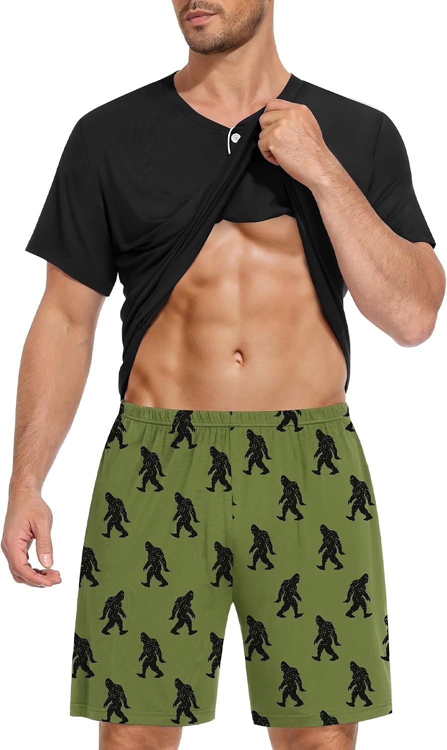 image:imageSWOMOG Mens Pajama Set Short Sleeve Pjs Set Soft Comfy Sleepwear Summer 2 Piece Loungewear Print With Pocket SXXLAblack Army Green
