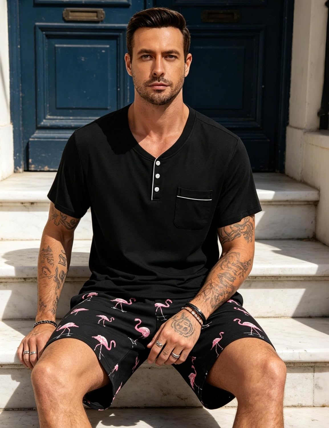 image:imageSWOMOG Mens Pajama Set Short Sleeve Pjs Set Soft Comfy Sleepwear Summer 2 Piece Loungewear Print With Pocket SXXLAblack Pink Flamingos