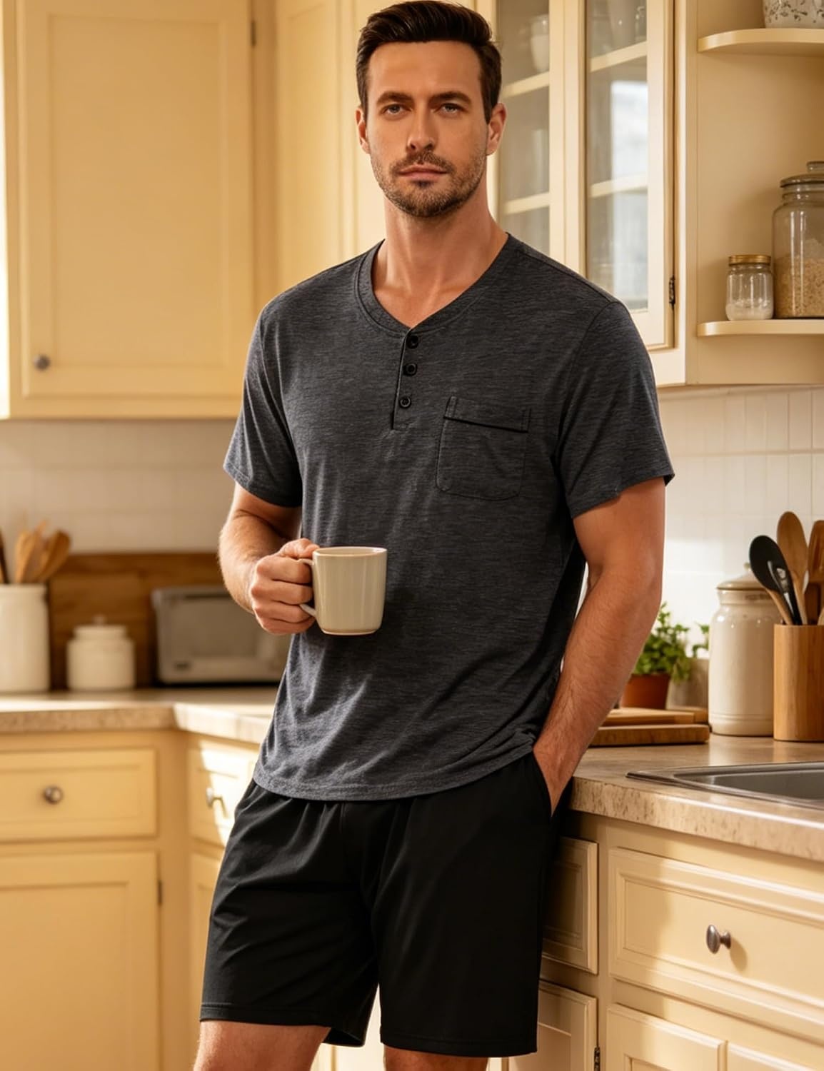 image:imageSWOMOG Mens Pajama Set Short Sleeve Pjs Set Soft Comfy Sleepwear Summer 2 Piece Loungewear Print With Pocket SXXLAdeep Grey Black
