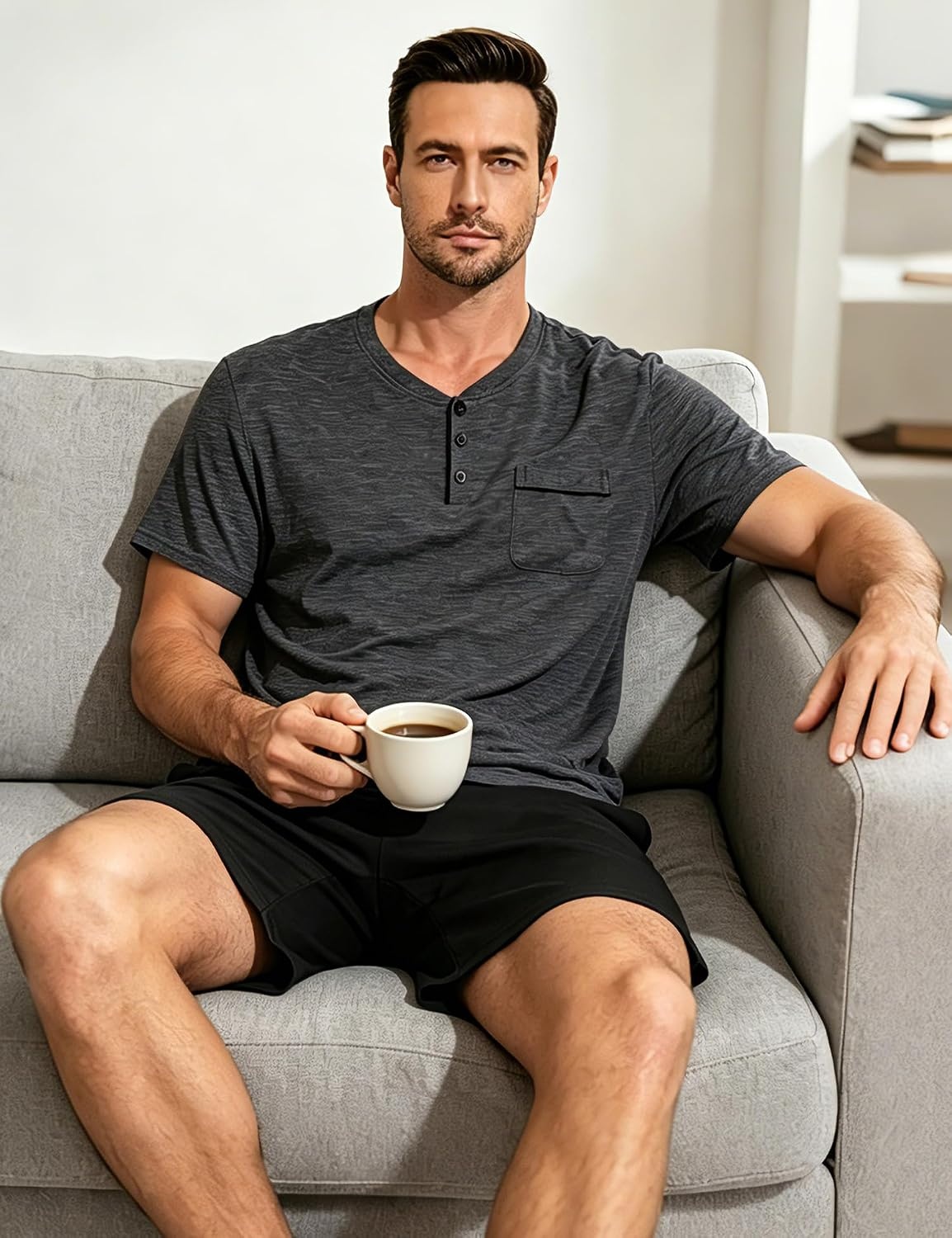image:imageSWOMOG Mens Pajama Set Short Sleeve Pjs Set Soft Comfy Sleepwear Summer 2 Piece Loungewear Print With Pocket SXXLAdeep Grey Black