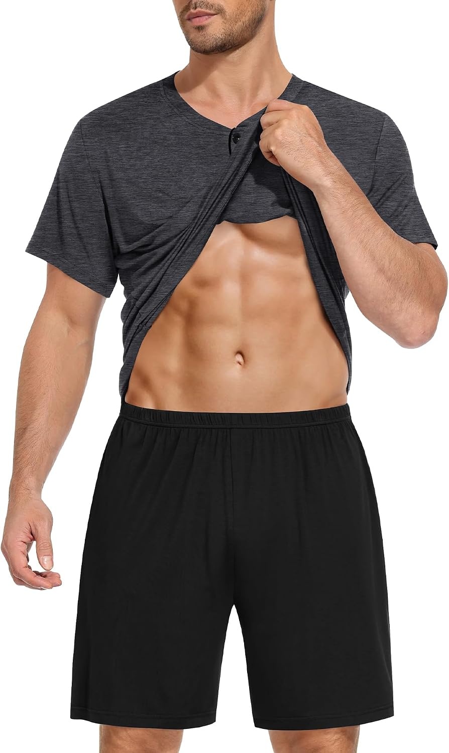 image:imageSWOMOG Mens Pajama Set Short Sleeve Pjs Set Soft Comfy Sleepwear Summer 2 Piece Loungewear Print With Pocket SXXLAdeep Grey Black