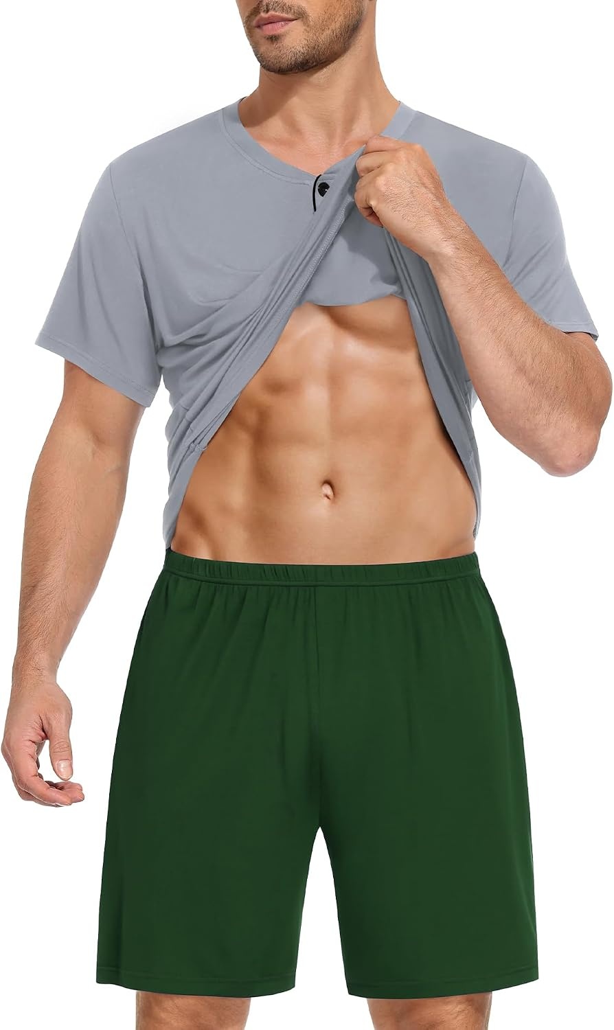 image:imageSWOMOG Mens Pajama Set Short Sleeve Pjs Set Soft Comfy Sleepwear Summer 2 Piece Loungewear Print With Pocket SXXLAgrey Army Green