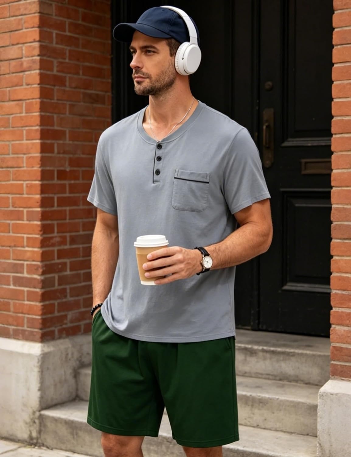 image:imageSWOMOG Mens Pajama Set Short Sleeve Pjs Set Soft Comfy Sleepwear Summer 2 Piece Loungewear Print With Pocket SXXLAgrey Army Green