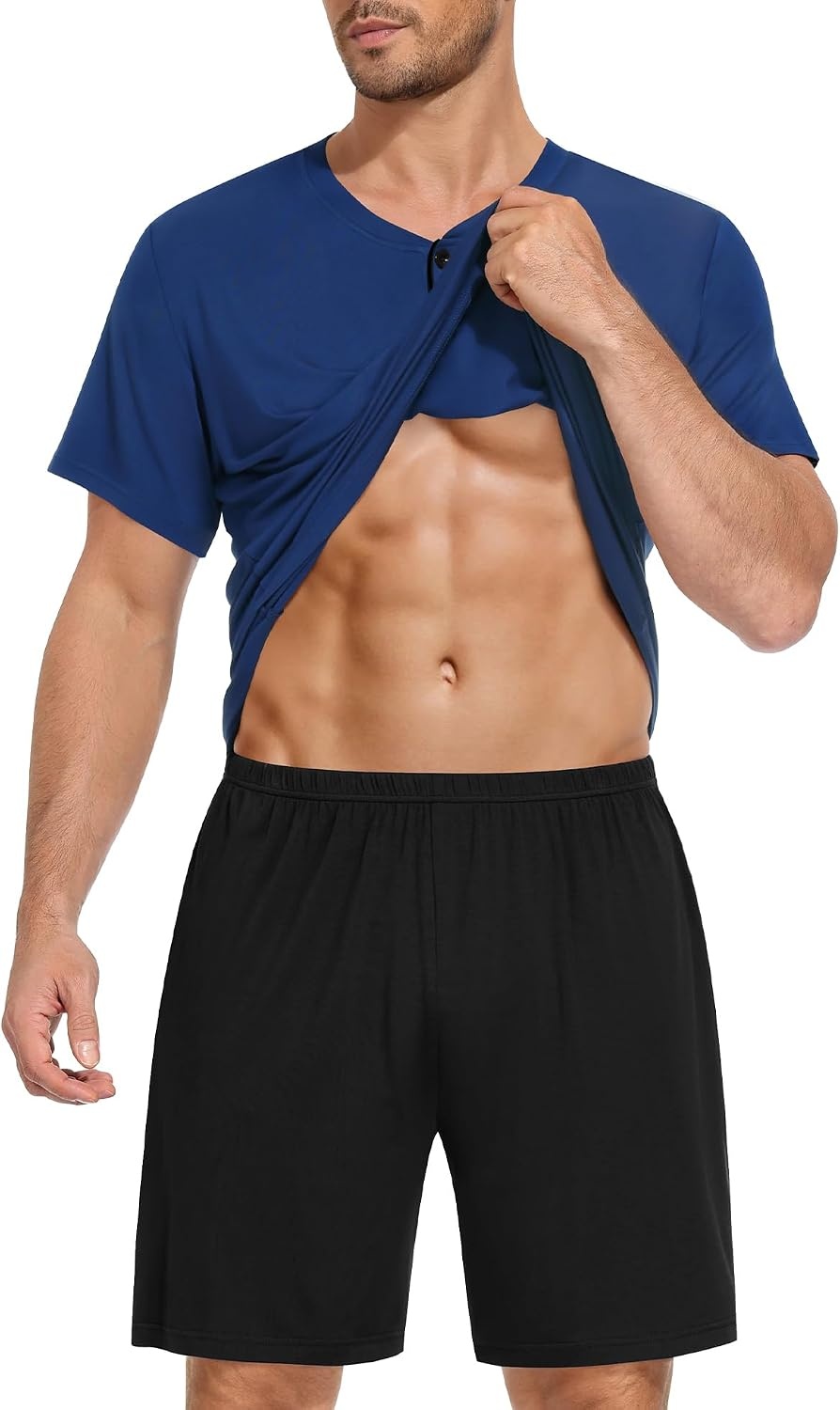image:imageSWOMOG Mens Pajama Set Short Sleeve Pjs Set Soft Comfy Sleepwear Summer 2 Piece Loungewear Print With Pocket SXXLAnave Blue Black