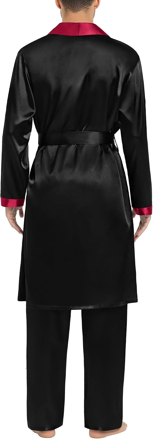 image:imageSWOMOG Mens Satin Robe with Pants Set Silky Kimono Bathrobe Lightweight Soft Sleepwear LoungewearBlack