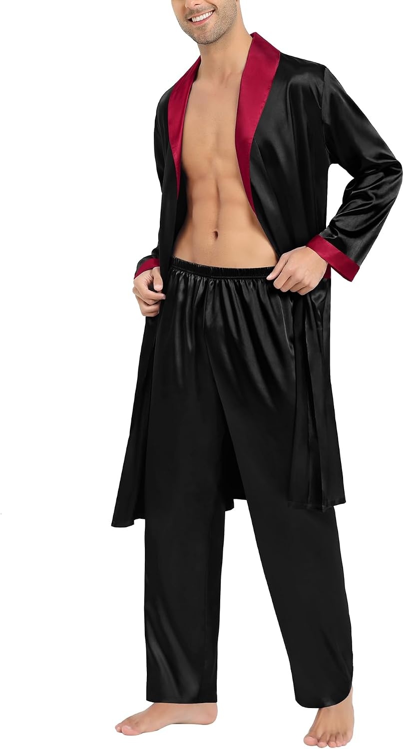 image:imageSWOMOG Mens Satin Robe with Pants Set Silky Kimono Bathrobe Lightweight Soft Sleepwear LoungewearBlack