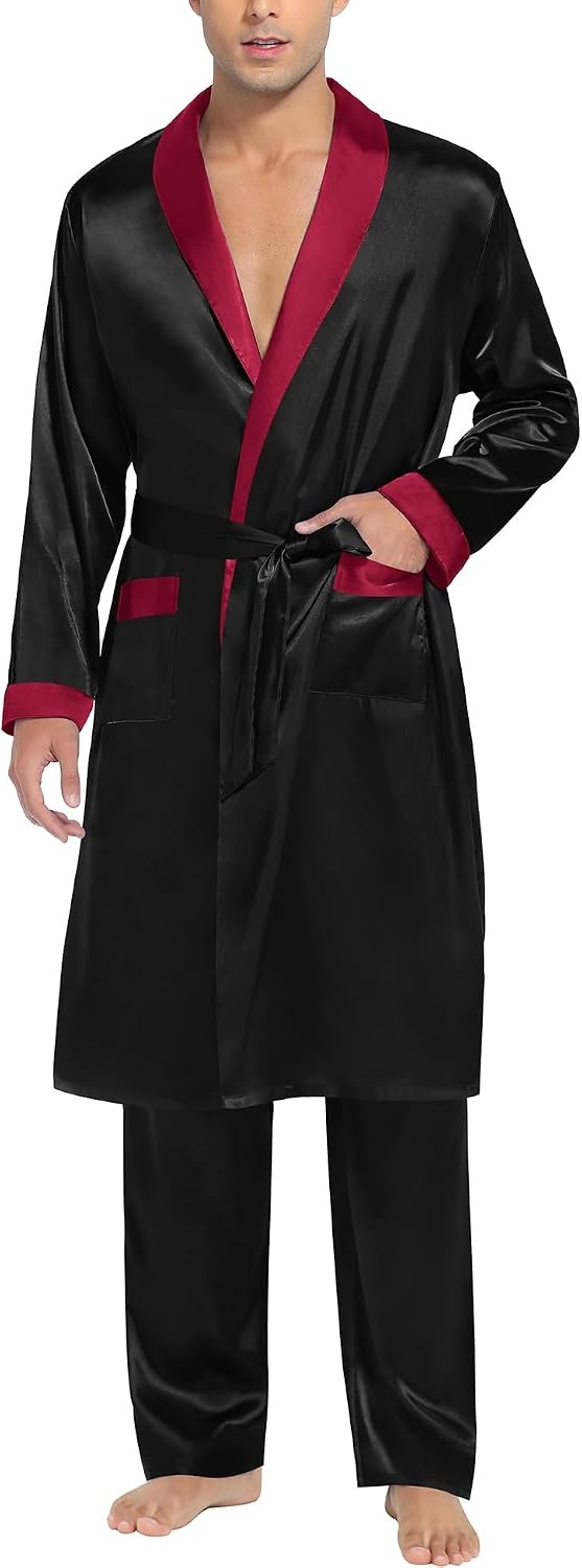 image:imageSWOMOG Mens Satin Robe with Pants Set Silky Kimono Bathrobe Lightweight Soft Sleepwear LoungewearBlack