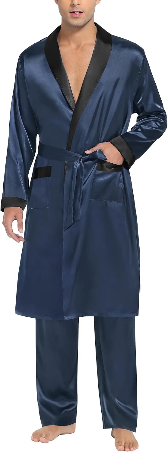 image:imageSWOMOG Mens Satin Robe with Pants Set Silky Kimono Bathrobe Lightweight Soft Sleepwear LoungewearDark Gray