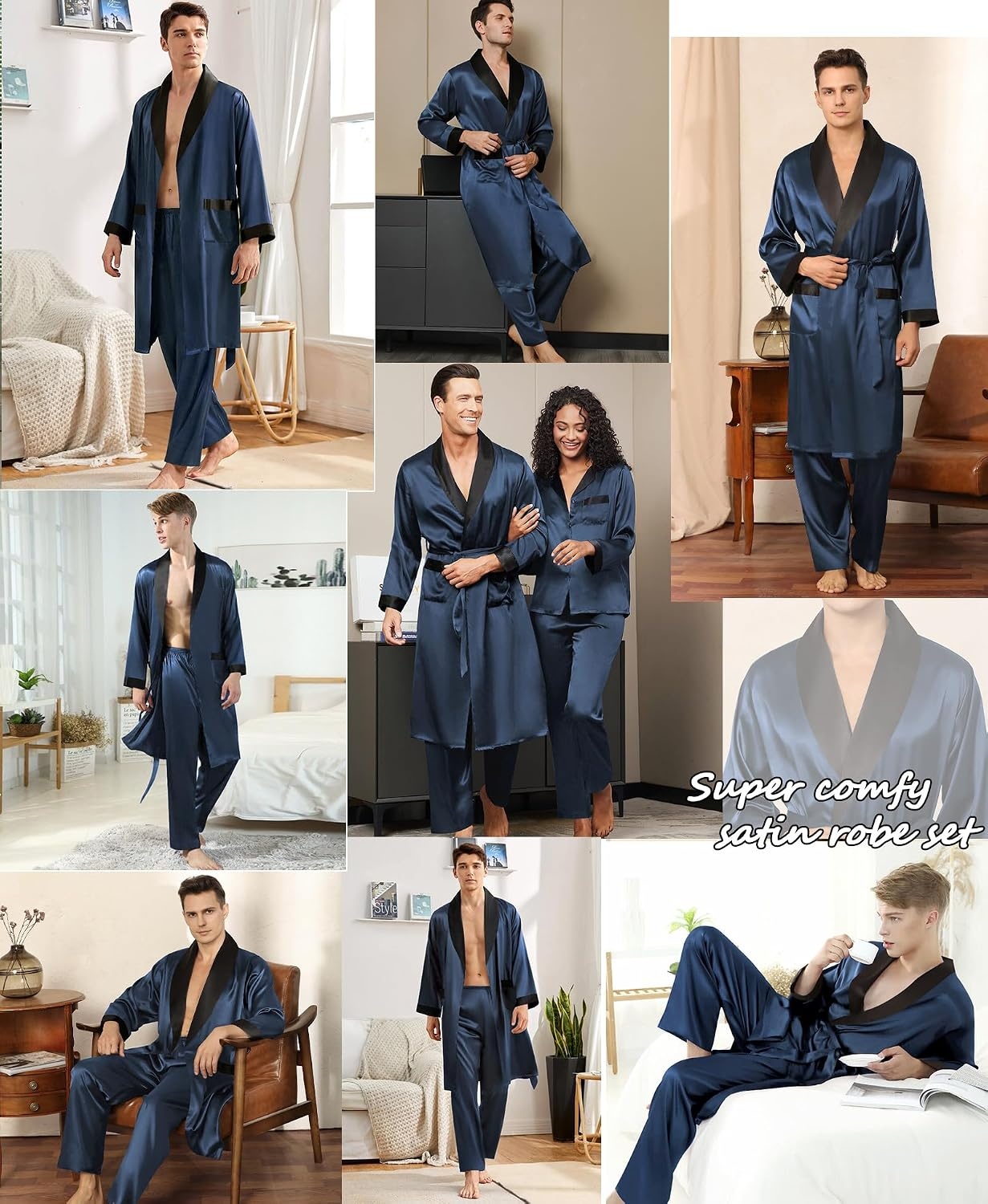 image:imageSWOMOG Mens Satin Robe with Pants Set Silky Kimono Bathrobe Lightweight Soft Sleepwear LoungewearDark Gray