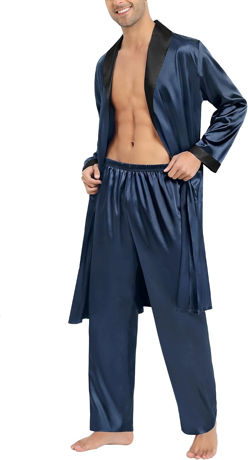 image:imageSWOMOG Mens Satin Robe with Pants Set Silky Kimono Bathrobe Lightweight Soft Sleepwear LoungewearDark Gray