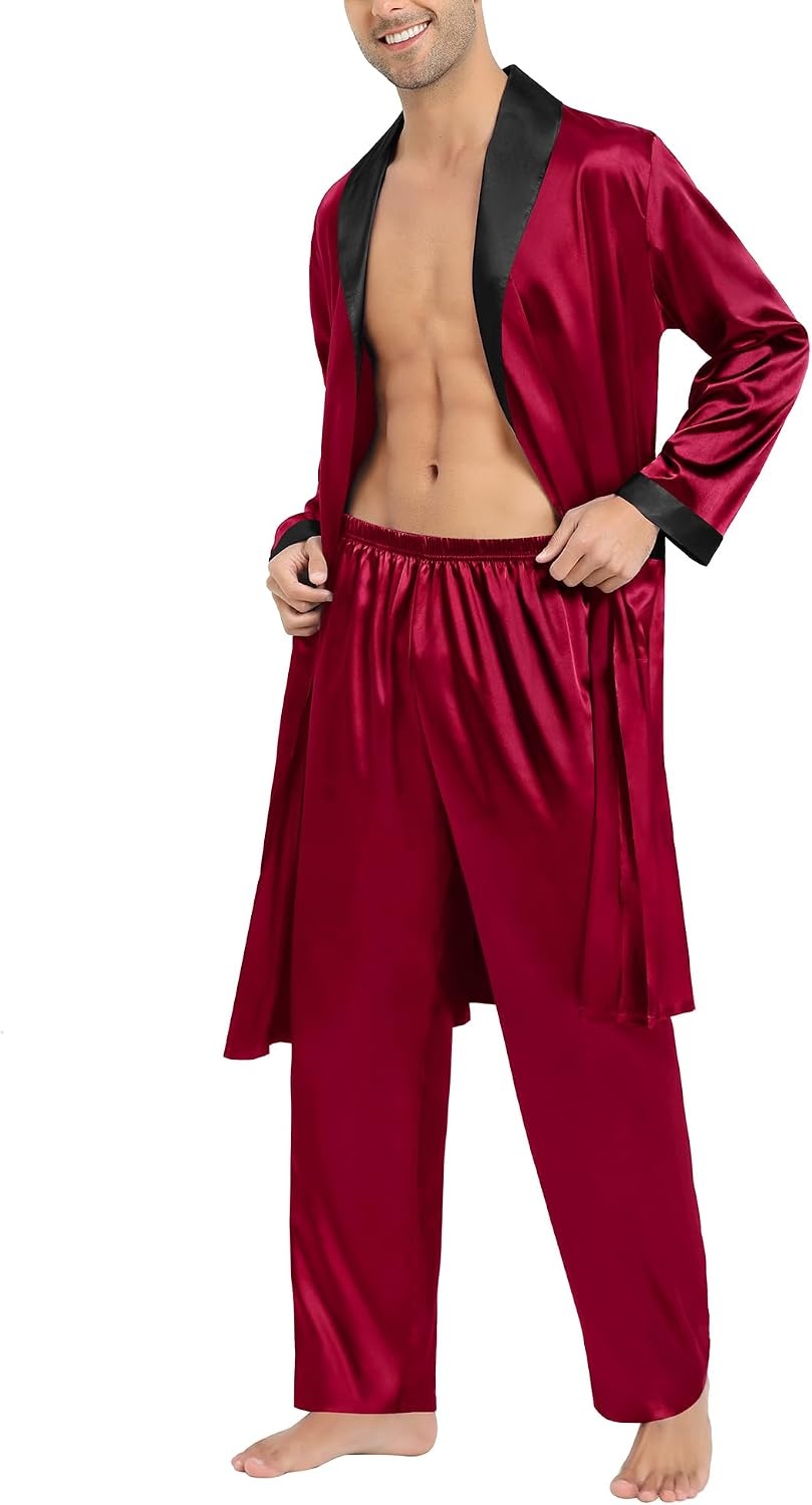 image:imageSWOMOG Mens Satin Robe with Pants Set Silky Kimono Bathrobe Lightweight Soft Sleepwear LoungewearDark Wine Red
